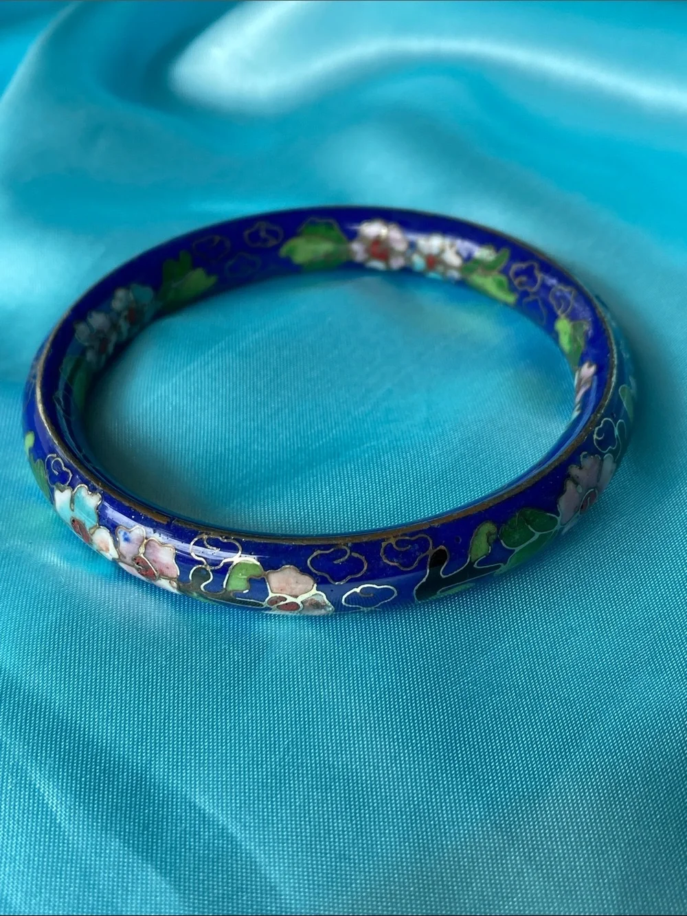 Vintage Blue Floral Cloisonné Bangle Bracelet with Pink Accents